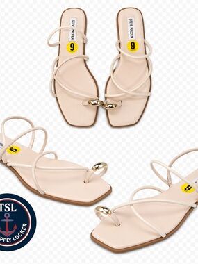 Steve Madden Sandals Women Size 9 Nude Strappy Flat Slip On Gold Accent